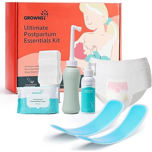 GROWNSY Postpartum Essentials Recovery Kit for Women After Birth, Includes 8 Self-Absorbent Postpartum Disposable Underwear, Peri Bottle, Perineal Spray, 28 Cooling Pad Liners, 2 Post Partum Ice Packs