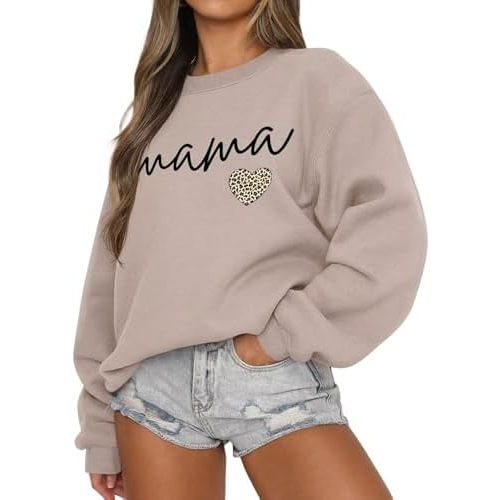 LEEDYA Women Long Sleeve Mama Sweatshirts Crewneck Casual Fall Pullover Tops Oversized Knit Mom Sweater