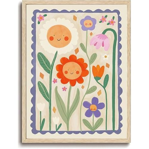 KISSFOX OAK Wood Framed Wall Art Sunflower Wall Decor Floral Canvas Art Smiling Pictures Cute Paintings Colorful Artwork Sweet Prints For Nursery Kids Children Playroom Boys Girls