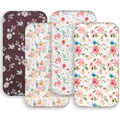 4 Pack Baby Girl Bassinet Sheets Set Soft Fitted Floral or Elephant Theme Baby Girl Mattress Covers Breathable Toddler Bed Sheets for Infant or Newborn Girls (Flower, Bassinet Sheets)