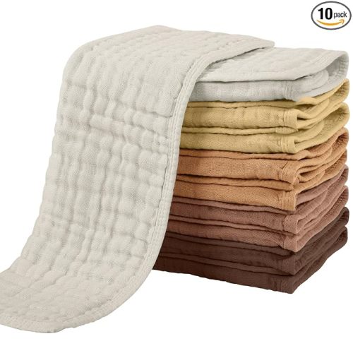 Yoofoss Muslin Burp Cloths for Baby 10 Pack 100% Organic Cotton Baby Washcloths for Boys Girls Large 20''X10'' Super Soft and Absorbent Gradient Brown