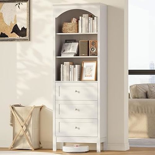 METOTI 71" H Tall Bookshelf with Drawers, Farmhouse Book Shelf with 3-Tier Open Shelves, Wooden Bookcase with Storage Drawers, Freestanding Bookshelves for Bedroom, Living Room, White