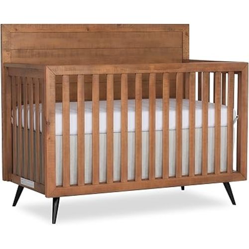 Evolur Stilnovo Mid-Century 4-in-1 Convertible Crib in Sugarcane – Greenguard Gold Certified, Solid Wood Construction, 3 Mattress Heights – Converts to Toddler, Daybed & Full-Size Bed