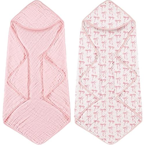 Hahafelt 2 Pcs Pink Bow Baby Hooded Towels for Newborn 100% Muslin Cotton Baby Bath Towel with Hood for Babies Infant Toddler and Kids Large 32x32inch Soft Absorbent Kids Essential Gift