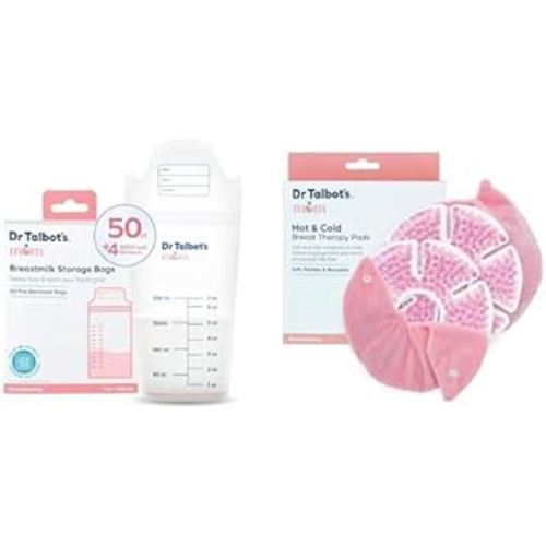 Bundle of Dr. Talbot's Mom Temperature Tracking Breastmilk Storage Bags with 4 MilkFresh Sensors, 50ct + Dr. Talbot's Mom Hot and Cold Breast Therapy Pads - 2 Count - Reusable Gel Packs with Covers