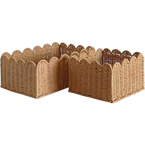 Scalloped Basket, Wicker Storage Baskets, Hand Woven Baskets for Shelves,Natural Baskets for Organizing (S+M)