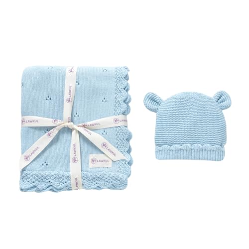 LAWKUL Baby Blanket & Beanie Hat Set 100% Organic Cotton Newborn Swaddle Beanie Soft Cozy for Infants Boy Girl Gift Blue