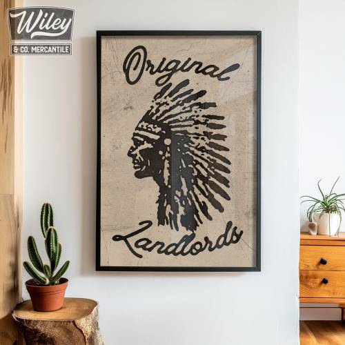 Vintage Native American Indian Chief Original Landlords Art Print, Indigenous Western Wall Decor, Rustic Mid Century Art, Antique Cowboy Art