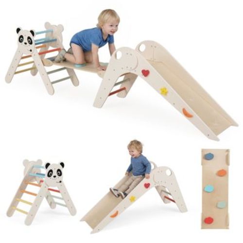 Costway Panda-Themed Wood Montessori Climbing Set w/Slide Ramp Ladder & Cartoon Blocks Beige
