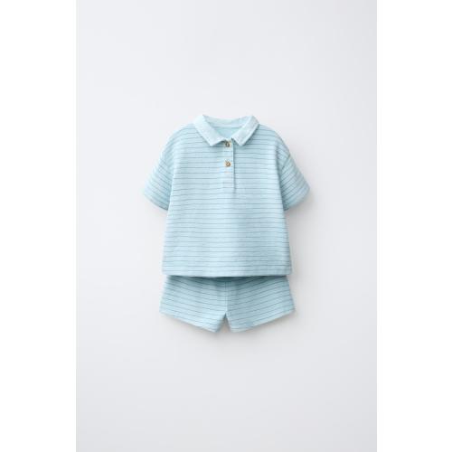 STRIPED POLO SHIRT AND BERMUDA SHORTS SET - Neon blue | ZARA United States