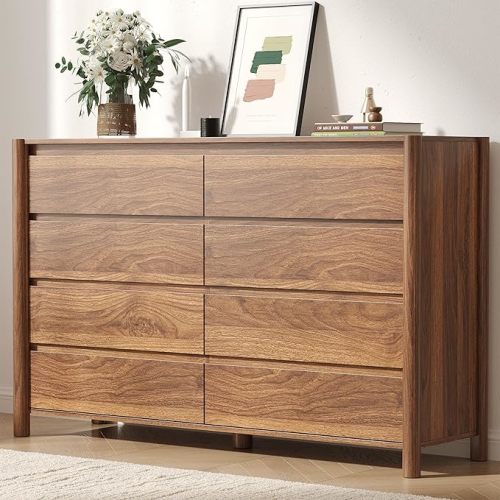 CHUWELL Walnut Dresser for Bedroom,55" Wide Mid Century Chest of Drawers with 8 Large Storage Space and 4 Solid Wood Cylindrical Legs,8 Drawer Large Dresser for Bedroom