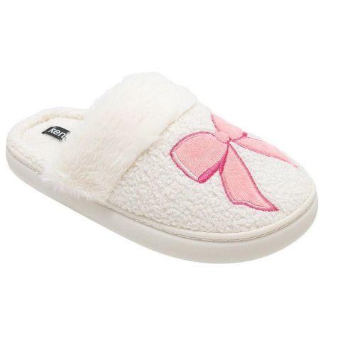 Kensie Women’s Slippers - Cozy House Slippers with Fuzzy Upper, Faux Fur Trim, and Bow Accent, Ivory, 8