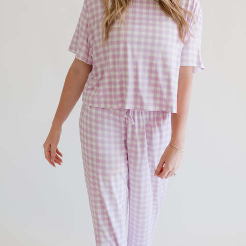 Women's T-Shirt and Pants Set in Purple Gingham