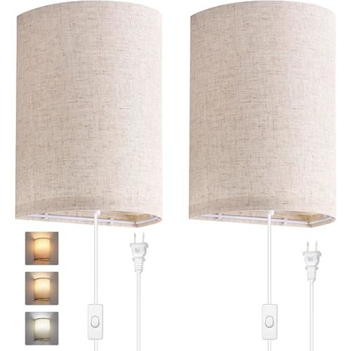 AVV Wall Sconces Set of Two, Wall Lamp Plug in with On/Off Switch, 2700K 4000K 5000K Selectable, Wall Lights for Bedroom, Living Room, Wall Decor for Bedroom, Fabric Linen Lamp Shades