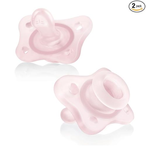 Chicco PhysioForma Mini Orthodontic Pacifier for Babies 0-2 Months, Ultra Light & Small, 100% Soft Silicone, Supports Breathing, One-Piece Design, Included Sterilizing Case, BPA Free, 2-Pack, Pink