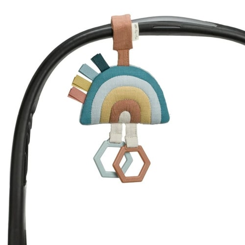 Itzy Ritzy Bitzy Bespoke Travel Toy for Stroller, Car Seat or Activity Gym, Features Jingle Sound, Hexagon Rings and Adjustable Attachment Loop, Rainbow