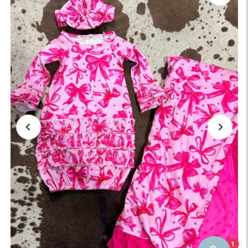 Pink Bows Baby Gown/Headband & Blanket