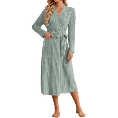 Ekouaer Womens Robes Long Bathrobe Ribbed Knit Kimono Robe Soft Sleepwear