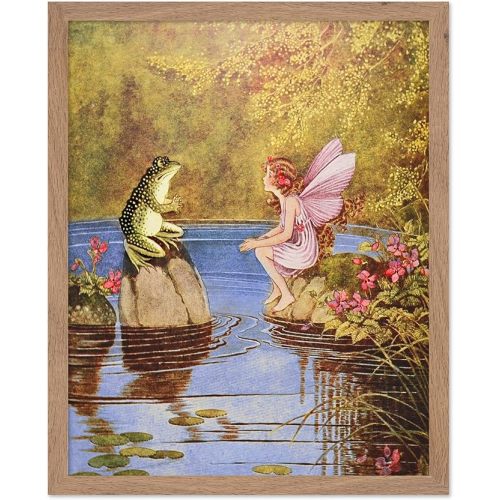 Poster Master The Little Green Road To Fairyland Poster - Frog & Fairy Print - Fairy Design - Lake Art - Children's Book Illustration - Great Nursery or Kid's Room Decor - 8x10 Beige Framed