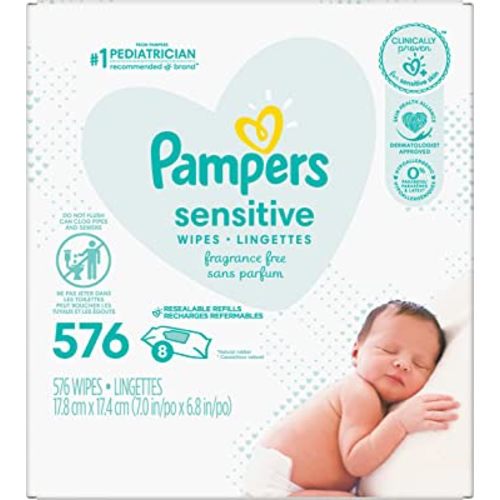 Pampers Baby Wipes Refills, 576 count - Sensitive Water Based Hypoallergenic and Unscented Baby Wipes (Packaging May Vary)