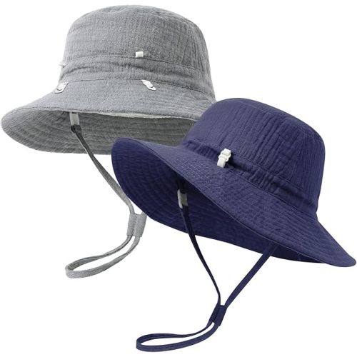 Play Tailor 2 Pack Newborn Baby Sun Hat Breathable Muslin Cotton Infant Bucket Cap Adjustable Wide Brim Summer Beach 0-9M