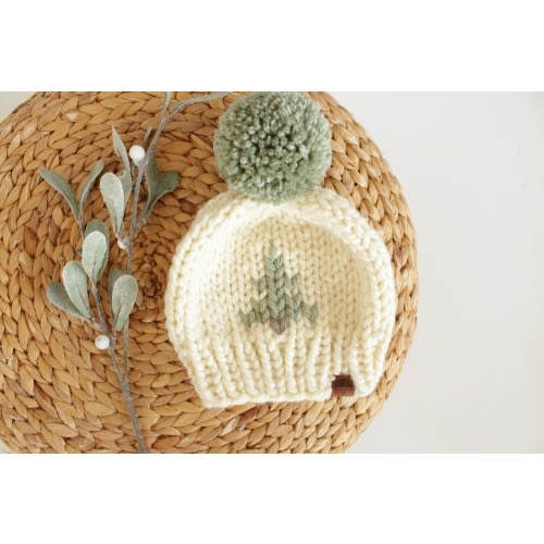 Hand knit Christmas tree chunky knit beanie |  for baby, toddler or child | Pom Pom hat | winter hat | pine tree  | ivory + sage|
