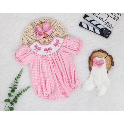 Birthday Pink Romper With Bow, Smocked Bubble Romper,Birthday Party Dress, Baby Girl Birthday Outfit Set, Baby First Birthday, Birthday Gift