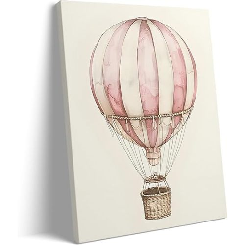 B.B.F MAKE Whimsical Framed Canvas Wall Art Nursery Decor Pink Striped Hot Air Balloon Poster Prints Travel Oil Painting Timeless Adventure Artwork for Baby Girl Room Wall Home Decoration, 24x30inch