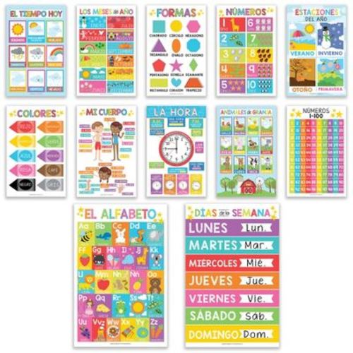 Hadley Designs Colorful Spanish Preschool Educational Laminated Posters, Set of 12