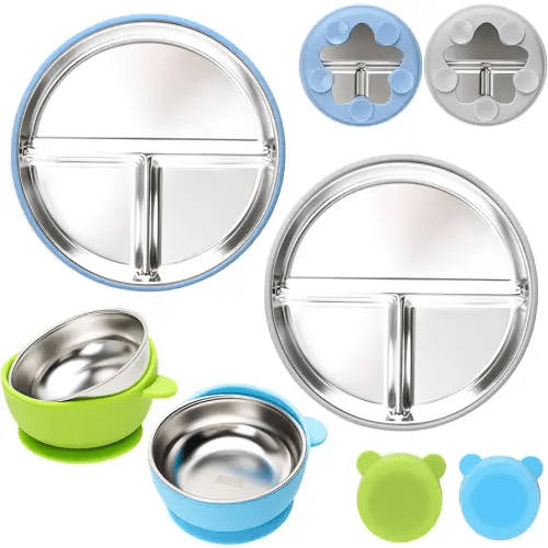 Stainless Steel Baby Plate and Bowls with Suction, Divided Kids Baby Plate and Toddler Bowl with Removable Silicone Suction, Non-Slip Baby Feeding Set Dishwasher Safe，4 Packs