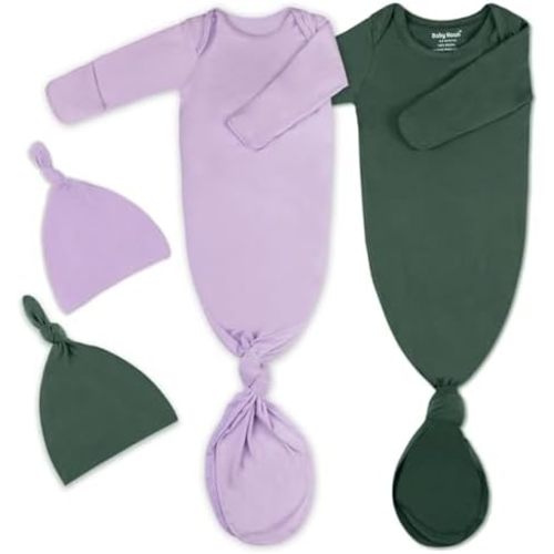 2Pk Newborn Baby Knotted Gown, Super Soft Silky Infant Long Sleeve Sleeper for Baby Sleeping with Hat or Headband (2 Packs)