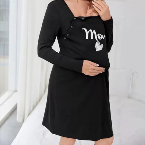 SHEIN Maternity Heart & Letter Graphic Nursing Night Dress For Mother, Fall, Winter