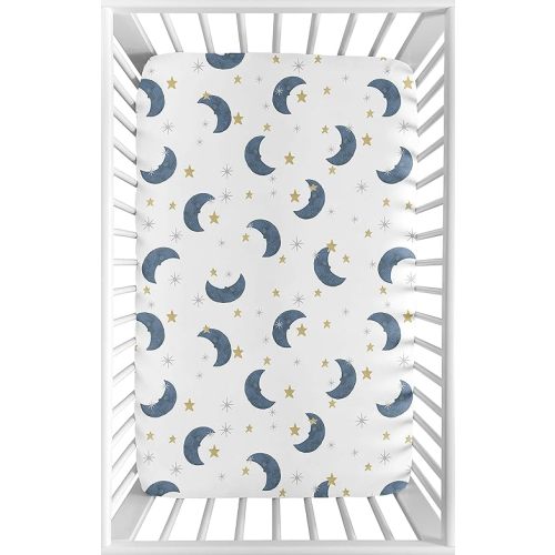 Sweet Jojo Designs Moon and Star Boy or Girl Fitted Mini Crib Sheet Baby Nursery for Portable Crib or Pack and Play - Navy Blue and Gold Watercolor Celestial Sky