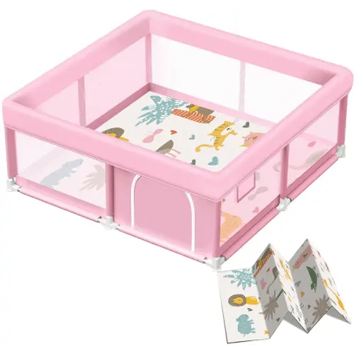 Corralito rosa para bebés con alfombra, corralito de 50 x 50 pulgadas con tapete impermeable para bebés y niños pequeños, corralito para niñas, color rosa, valla de seguridad, centro activo para