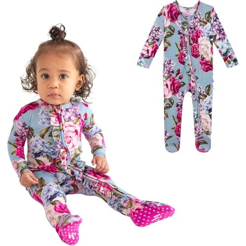 Posh Peanut Footie Pajamas for Baby Girls – Sleepers in Viscose from Bamboo with 2-Way Zipper & Ruffle Trim