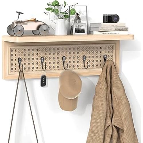 Homode Coat Rack Wall Mount with Shelf, Boho Rattan Entryway Wall Shelf with Hooks, Natural Wood Floating Shelves with 5 Pegs, Hanging Coat Hooks Hat Hanger for Nursery Bedroom Living Room Kitchen
