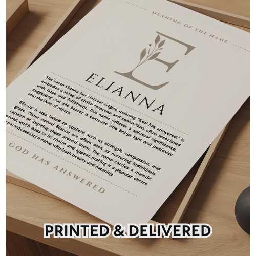 Elianna Name Meaning Wall Art Elianna Name Origin Print Nursery Decor, Baby Baptism Gift, PRINTED Name Meaning Poster, Framed Name Art