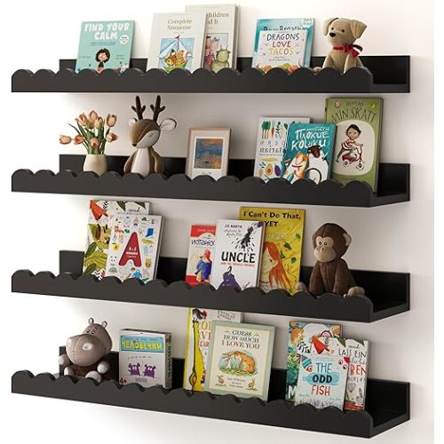 Shario Nursery Book Shelves, 4-Pack Wood Floating Shelves for Wall Kids, Scalloped Shelves, Wall Book Shelves for Bedroom Kids, Toddler Room, Baby Room, Nursery Decor (Black, 23 Inches)