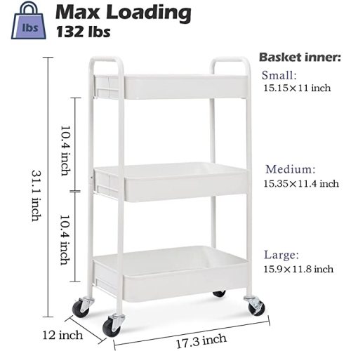 TOOLF 3-Tier Rolling Cart, Metal Utility Cart with Lockable Wheels, Storage Craft Art Cart Trolley Organizer Serving Cart Easy Assembly for Office, Bathroom, Kitchen, Kids' Room, Classroom (White)