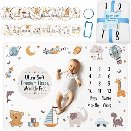 Baby Boy Monthly Milestone Blanket with 16 Milestone Stickers - 60" x 40" - Wrinkle Free Baby Age Month Blanket - Washable & Fade Resistant - Ultra Soft Fleece for Mom & Baby Shower