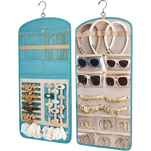 BAGSMART Hanging Jewelry Organizer Claw Clip Necklace Holder Roll for Hair Ties, Headbands, Clips, Earrings, Necklaces, Glasses Double-Sided on Closet, Wall, Door, 1 piece, Large-Teal