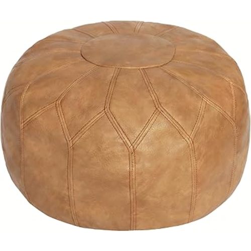 Thgonwid Unstuffed Moroccan Faux Leather Pouf Ottoman with Storage - Handmade Boho Chic Multi-Use Footrest for Living Room, Bedroom, Patio - Round Ethnic Floor Cushion & Decorative Accent, Khaki