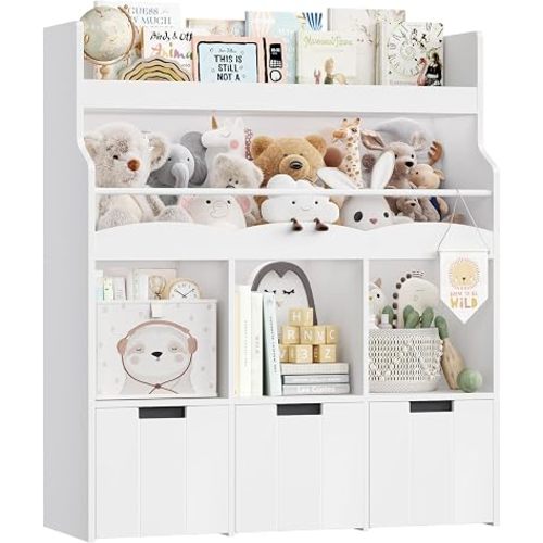 HITHOS Kids Toy Storage Organizer with Bookshelf, Multifunctional Book Shelf with 3 Movable Toy Organizers for Kids Room, Kids Bookcase and Toy Box, Toy Storage Chest for Playroom, White