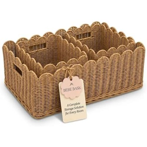 BEBE BASK Handwoven Scalloped Wicker Basket Set of 3 (17 × 13 × 7 in)