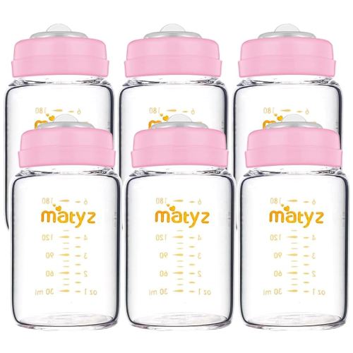 Matyz Glass Breastmilk Storage Containers, 6 Pack, 6 oz bottle, Compatible With Spectra Medela Philips Pump - Freezer Safe Storage Bottles Set - Leakproof Glass Baby Bottles - BPA Free (Pink Lids)