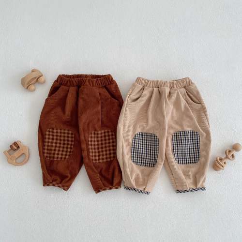 Baby Corduroy Pants – Cotton Trousers with Plaid Patch Detail – Little Dresser