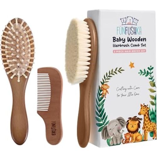 Baby Wooden Hair Brush and Comb Set for Newborn Toddler - Natural HairBrush with Soft Goat Bristle for Girl and Boy, Perfect for Cradle Cap (Oak)