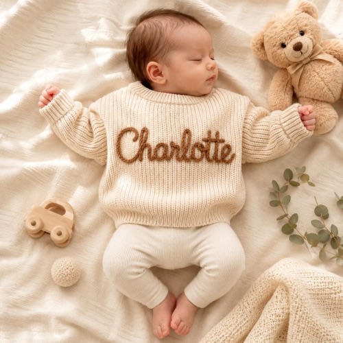Hand-Embroidered Baby Name Sweater, Personalized Cotton Crewneck, Newborn Birthday Gift,Baby gift set
