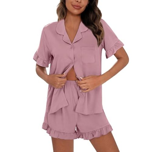 SWOMOG Woman Pajama Set Short Sleeve Pjs Set 2Pcs Short Pajamas Button Down Ruffle Hem Sleepwear Soft Modal Loungewear