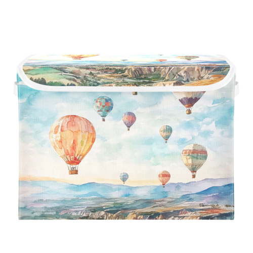 Hot Air Balloon Watercolor Large Storage Bins with Linen Collapsible Lid Storage Box 16.7 x 12.6 x 11.8in